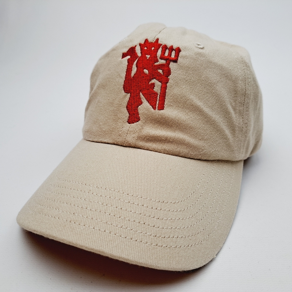 Manchester United Red Devil Relaxed Dad Cap Hat Tan Embroidered